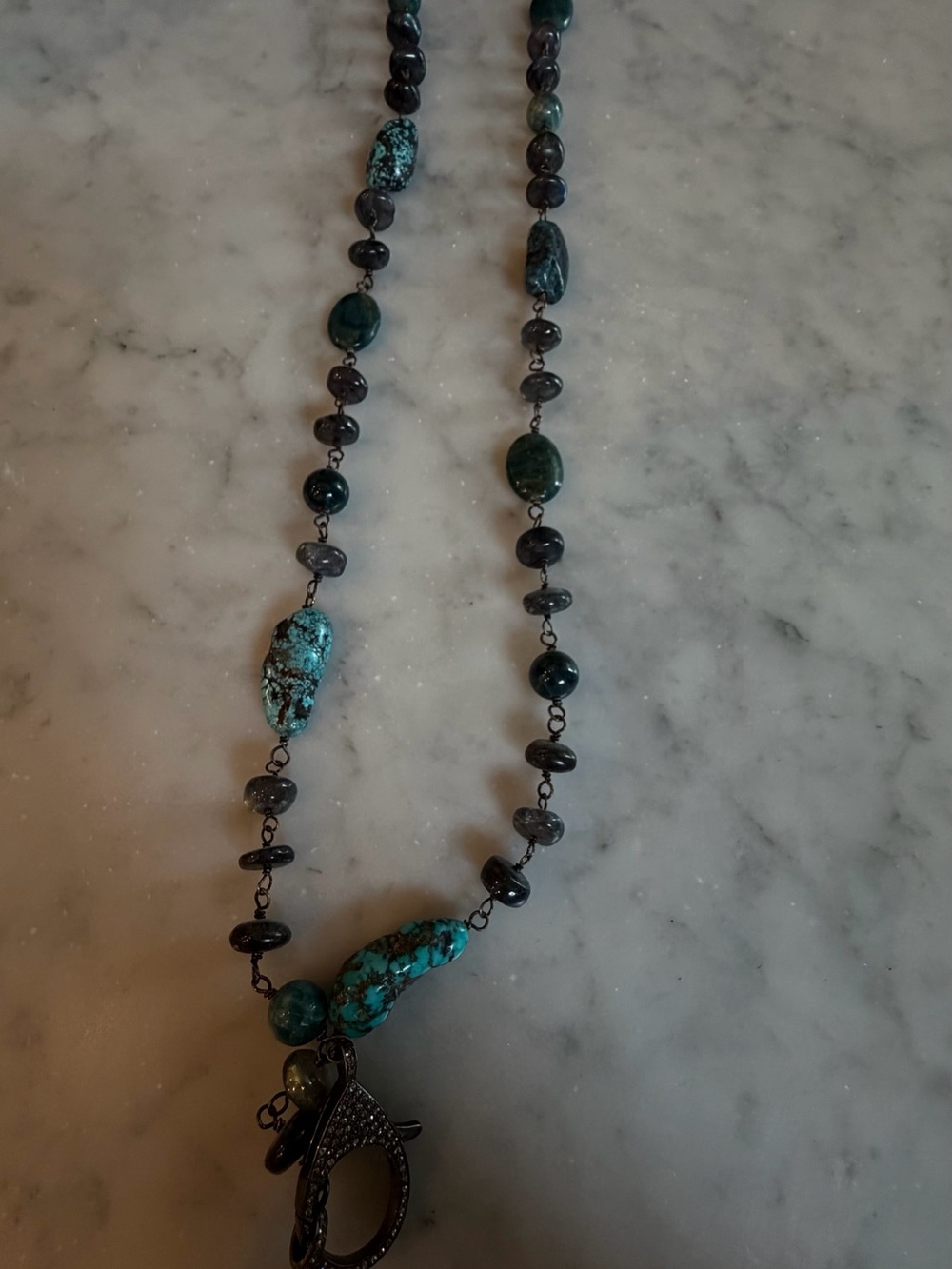 Vintage La Rose Turquoise and Dark Agate and Jasper w/pave diamond clasp